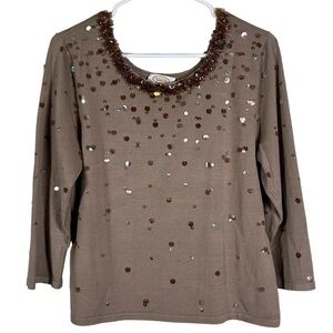 Talbots Petites Taupe Beige Silk Scoop Neck Sequence Sweater Top Size L